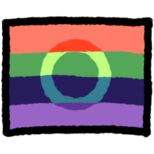 a small flag with 4 stripes. from top to bottom: light orange, dark green, dark violet, light purple. ontop of the stripes is a circle / ring that’s also in 4 sections, from top to bottom: dark orange, light green, dark teal, medium purple. the whole flag has a black outline